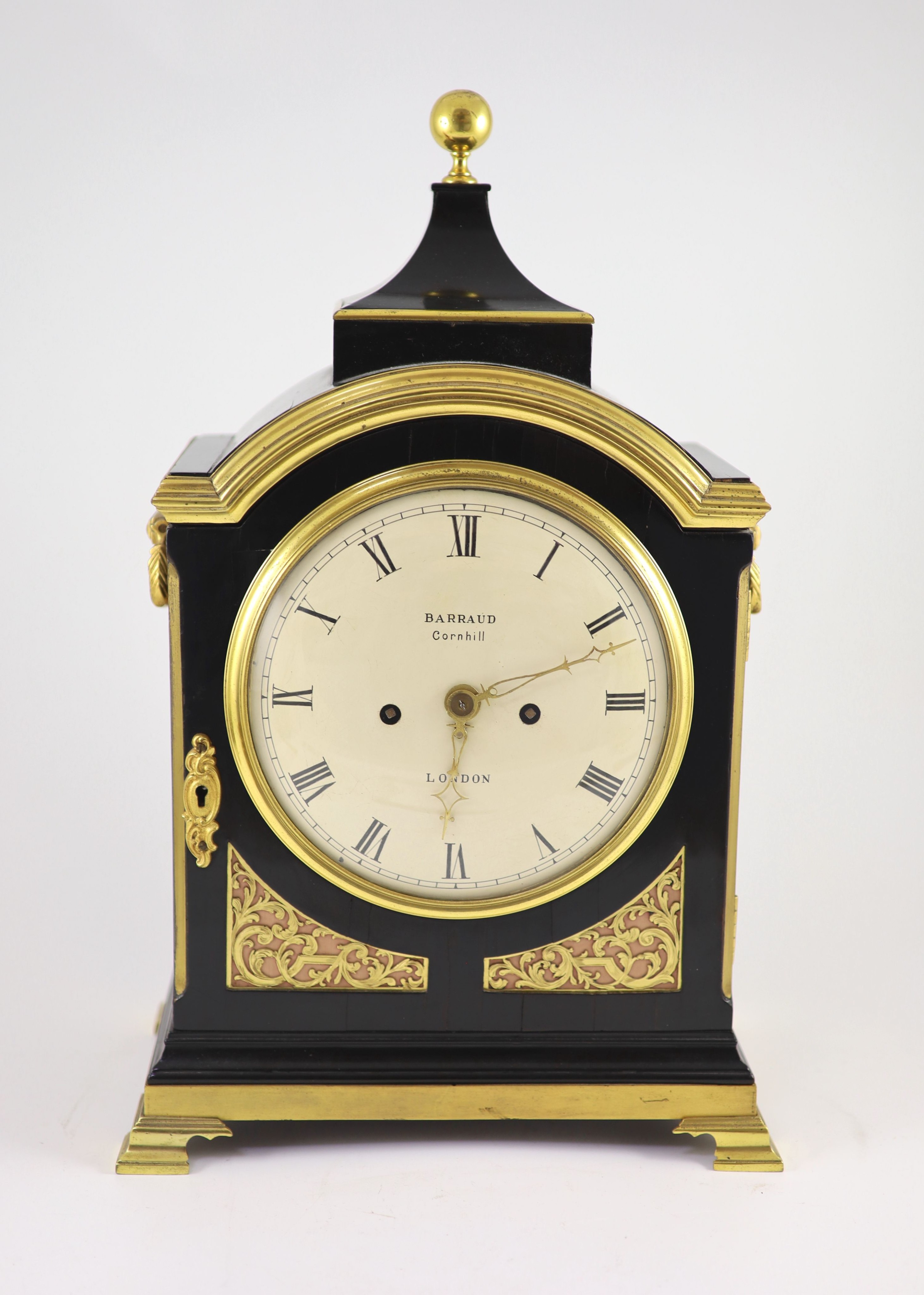 Barraud, Cornhill, London. A George III ebony and brass mounted bracket clock, width 29cm depth 19cm height 46cm